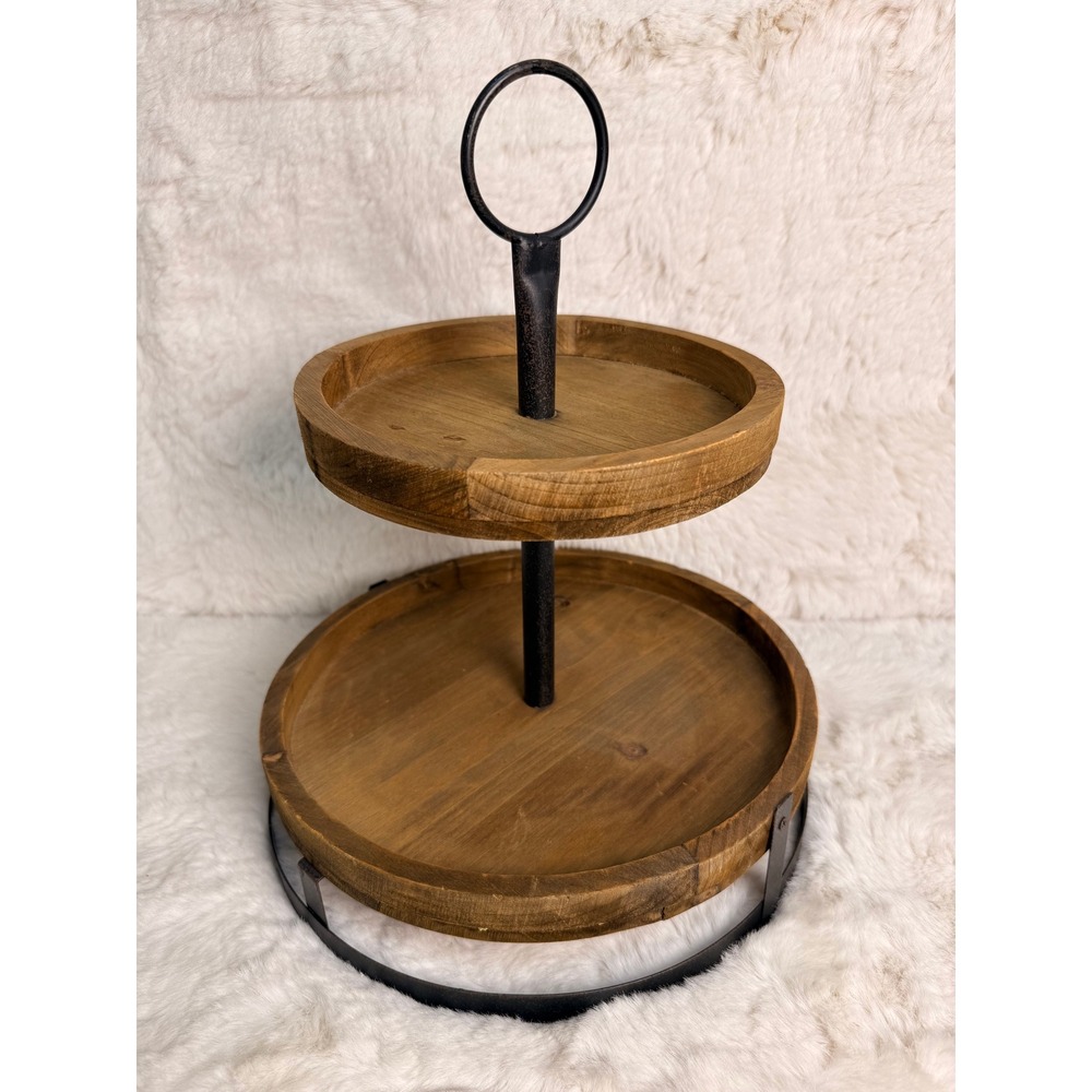 Rustic 2 Tier Wood Tray Farmhouse Distressed Brown Metal Handle Cottage Core